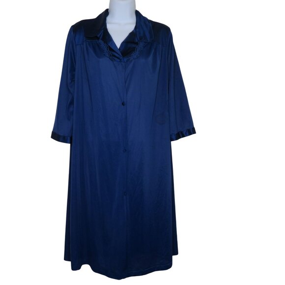 Vanity Fair Womens Navy Blue Button-Down Nightgown Robe M Nylon Embroidered - Picture 2 of 12